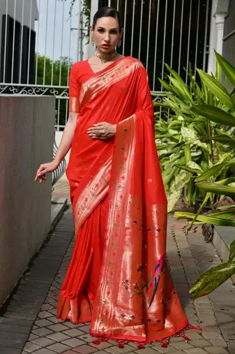 Red soft banarasi silk paithani saree with rich zari & meena woven shiny pallu, zari butties & tassels