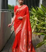 Red soft banarasi silk paithani saree with rich zari & meena woven shiny pallu, zari butties & tassels