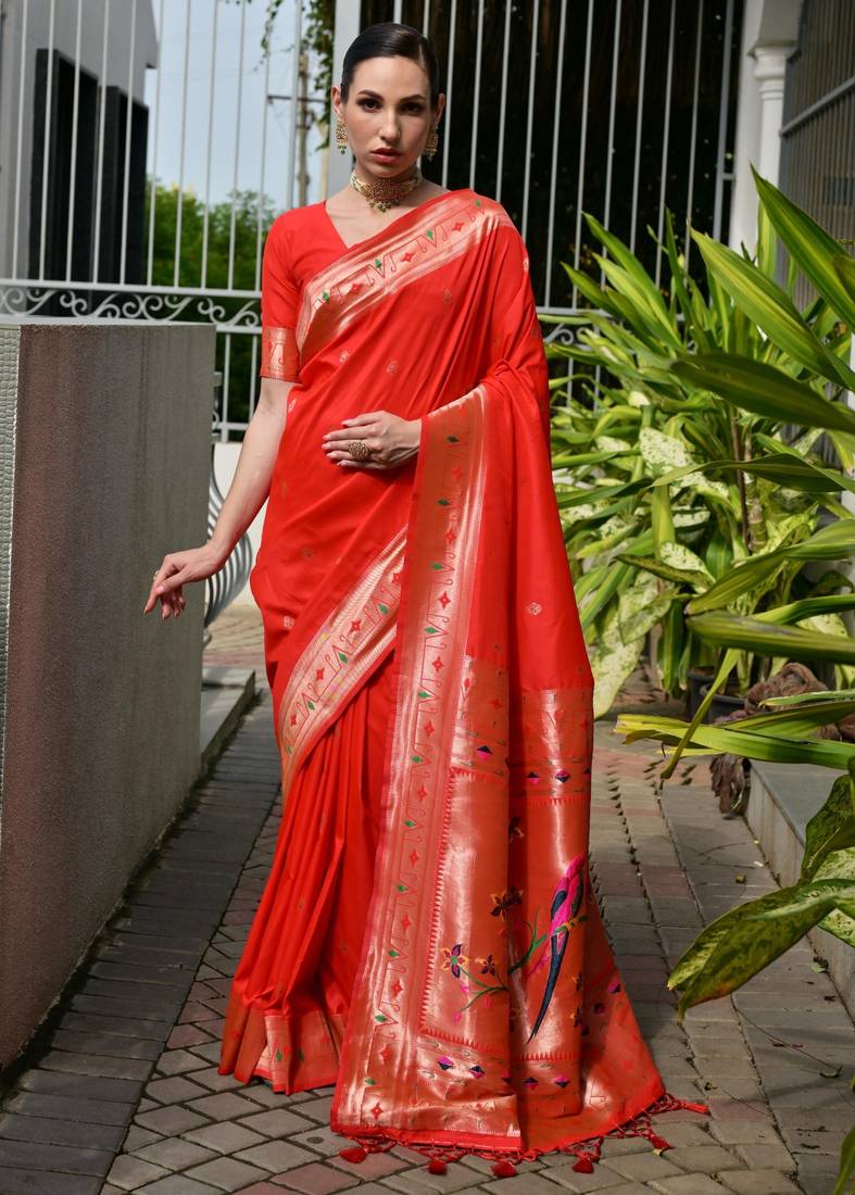 Red soft banarasi silk paithani saree with rich zari & meena woven shiny pallu, zari butties & tassels