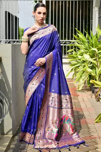 Purple soft banarasi silk paithani saree with rich zari & meena woven shiny pallu, zari butties & tassels