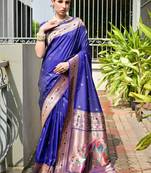 Purple soft banarasi silk paithani saree with rich zari & meena woven shiny pallu, zari butties & tassels