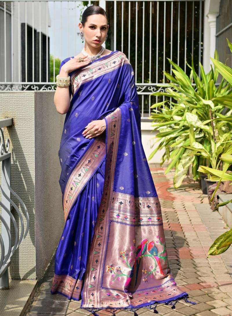 Purple soft banarasi silk paithani saree with rich zari & meena woven shiny pallu, zari butties & tassels
