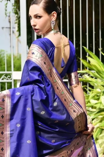 Purple soft banarasi silk blend paithani saree with rich zari & meena woven shiny pallu zari butties & tassels
