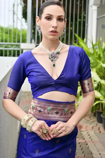 Purple soft banarasi silk blend paithani saree with rich zari & meena woven shiny pallu zari butties & tassels