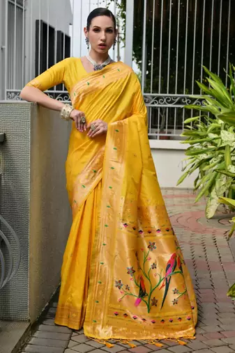 Yellow soft banarasi silk paithani saree with rich zari & meena woven shiny pallu, zari butties & tassels