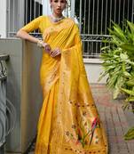 Yellow soft banarasi silk paithani saree with rich zari & meena woven shiny pallu, zari butties & tassels