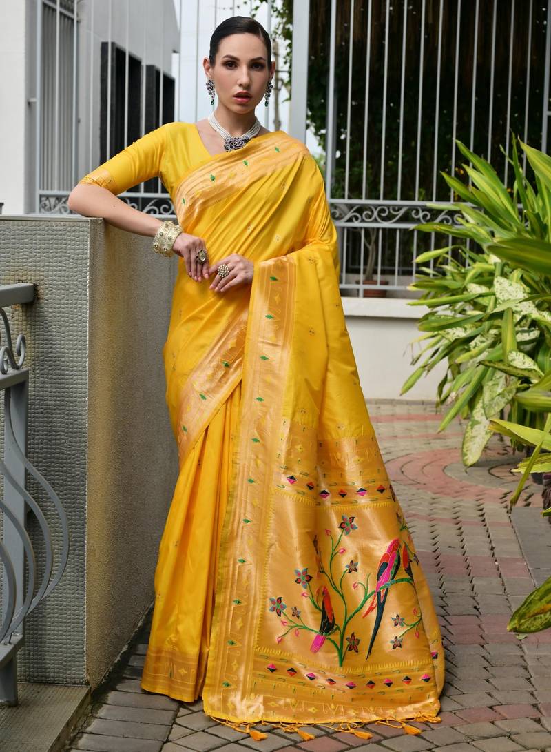Yellow soft banarasi silk paithani saree with rich zari & meena woven shiny pallu, zari butties & tassels