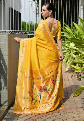 Yellow soft banarasi silk blend paithani saree with rich zari & meena woven shiny pallu zari butties & tassels 2