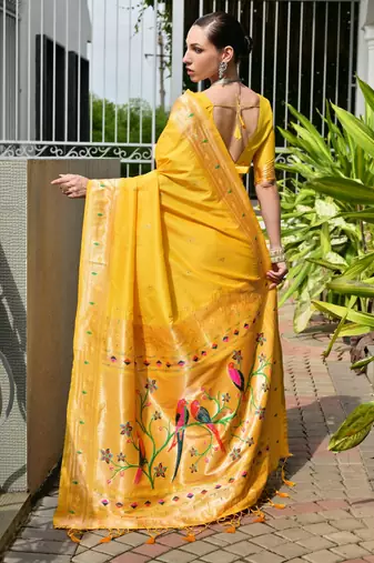 Yellow soft banarasi silk blend paithani saree with rich zari & meena woven shiny pallu zari butties & tassels