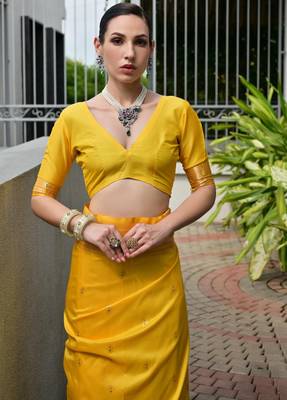 Yellow soft banarasi silk blend paithani saree with rich zari & meena woven shiny pallu zari butties & tassels 3