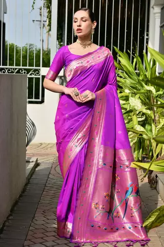 Magenta soft banarasi silk paithani saree with rich zari & meena woven shiny pallu, zari butties & tassels