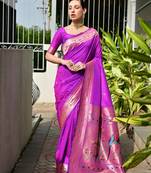 Magenta soft banarasi silk paithani saree with rich zari & meena woven shiny pallu, zari butties & tassels