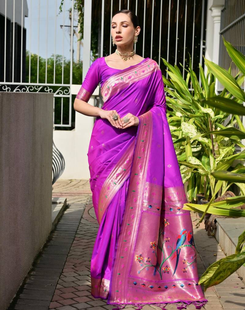 Magenta soft banarasi silk paithani saree with rich zari & meena woven shiny pallu, zari butties & tassels