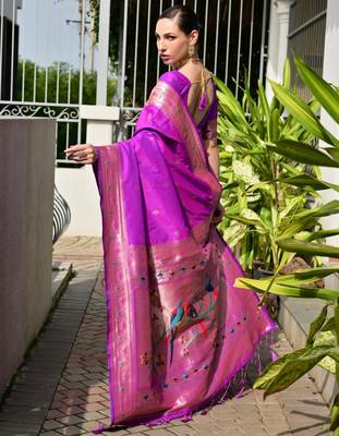 Magenta soft banarasi silk blend paithani saree with rich zari & meena woven shiny pallu zari butties & tassels 2