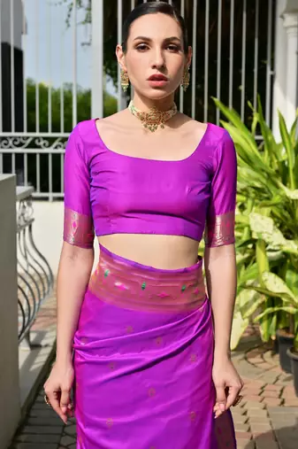 Magenta soft banarasi silk blend paithani saree with rich zari & meena woven shiny pallu zari butties & tassels