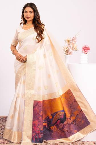 White extraordinary banarasi silk saree with resham weave peacock pallu & zari border