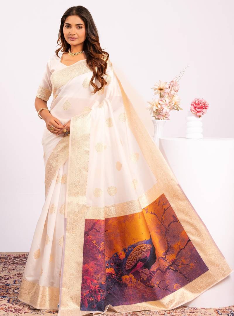 White extraordinary banarasi silk saree with resham weave peacock pallu & zari border