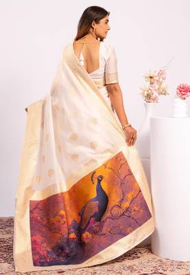White extraordinary banarasi silk blend saree with resham weave peacock pallu & zari border 2