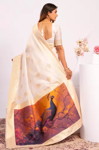 White extraordinary banarasi silk blend saree with resham weave peacock pallu & zari border