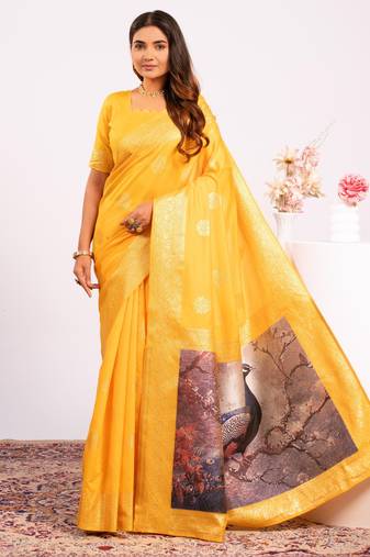 Yellow extraordinary banarasi silk saree with resham weave peacock pallu & zari border