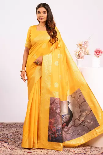 Yellow extraordinary banarasi silk saree with resham weave peacock pallu & zari border