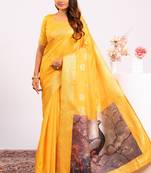 Yellow extraordinary banarasi silk saree with resham weave peacock pallu & zari border