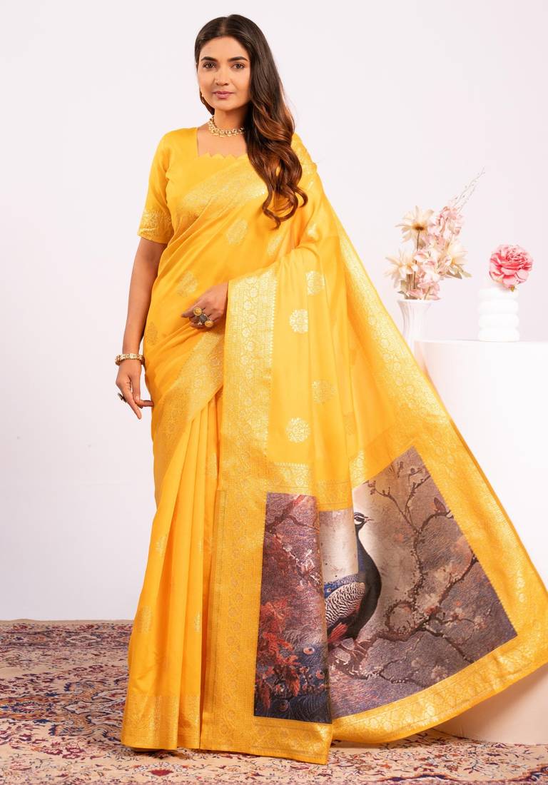 Yellow extraordinary banarasi silk saree with resham weave peacock pallu & zari border
