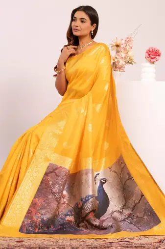 Yellow extraordinary banarasi silk blend saree with resham weave peacock pallu & zari border