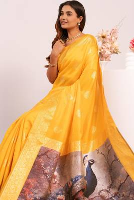Yellow extraordinary banarasi silk blend saree with resham weave peacock pallu & zari border 3