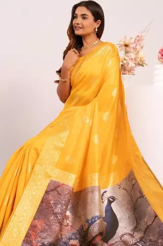 Yellow extraordinary banarasi silk blend saree with resham weave peacock pallu & zari border