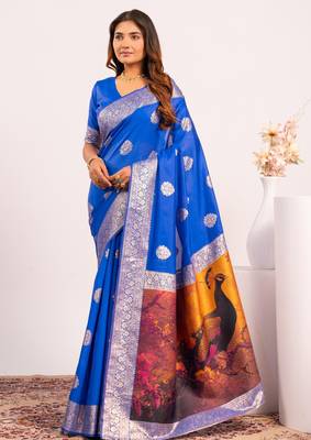 Royal blue extraordinary banarasi silk blend saree with resham weave peacock pallu & zari border 1