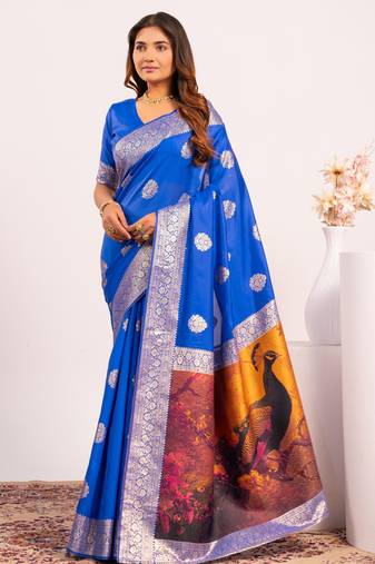 Royal blue extraordinary banarasi silk saree with resham weave peacock pallu & zari border
