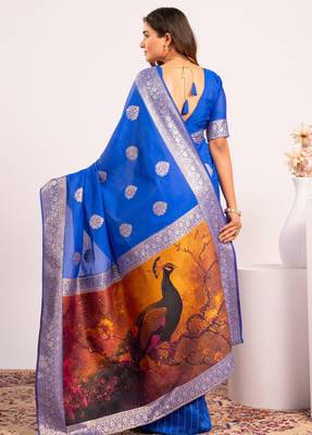 Royal blue extraordinary banarasi silk blend saree with resham weave peacock pallu & zari border 2