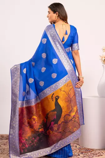 Royal blue extraordinary banarasi silk blend saree with resham weave peacock pallu & zari border
