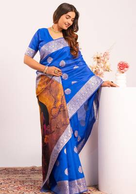 Royal blue extraordinary banarasi silk blend saree with resham weave peacock pallu & zari border 3