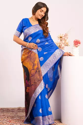 Royal blue extraordinary banarasi silk blend saree with resham weave peacock pallu & zari border