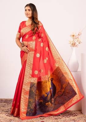 Red extraordinary banarasi silk blend saree with resham weave peacock pallu & zari border 1