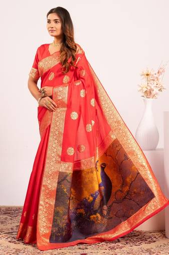 Red extraordinary banarasi silk saree with resham weave peacock pallu & zari border