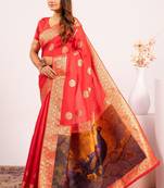 Red extraordinary banarasi silk saree with resham weave peacock pallu & zari border