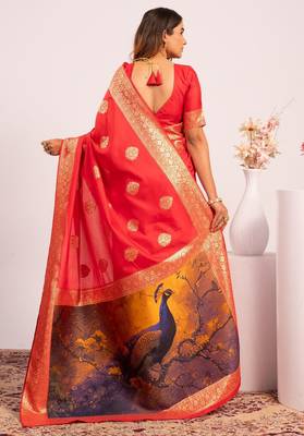 Red extraordinary banarasi silk blend saree with resham weave peacock pallu & zari border 2