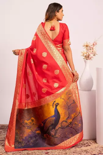 Red extraordinary banarasi silk blend saree with resham weave peacock pallu & zari border