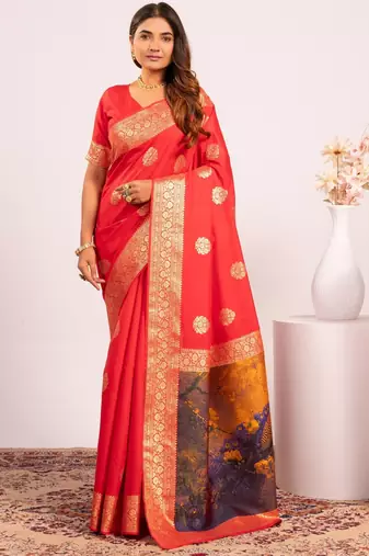Red extraordinary banarasi silk blend saree with resham weave peacock pallu & zari border