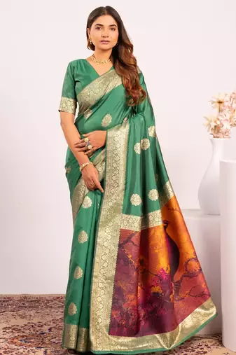 Green extraordinary banarasi silk saree with resham weave peacock pallu & zari border