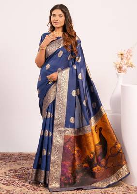 Navy blue extraordinary banarasi silk blend saree with resham weave peacock pallu & zari border 1