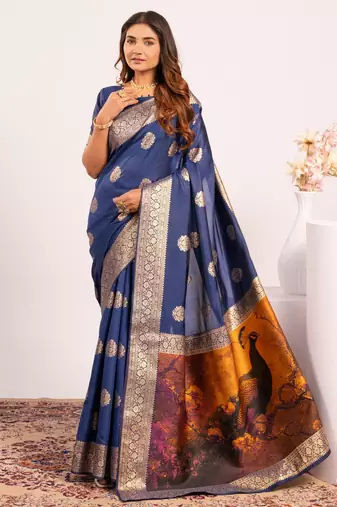 Navy blue extraordinary banarasi silk saree with resham weave peacock pallu & zari border