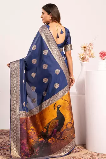 Navy blue extraordinary banarasi silk blend saree with resham weave peacock pallu & zari border