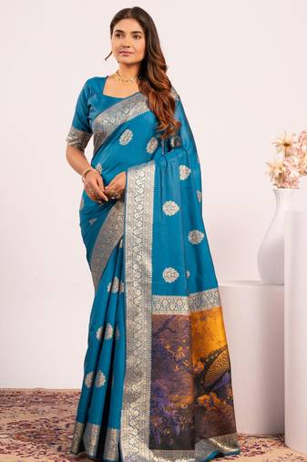 Blue extraordinary banarasi silk saree with resham weave peacock pallu & zari border