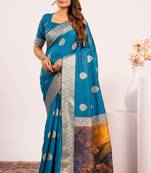 Blue extraordinary banarasi silk saree with resham weave peacock pallu & zari border