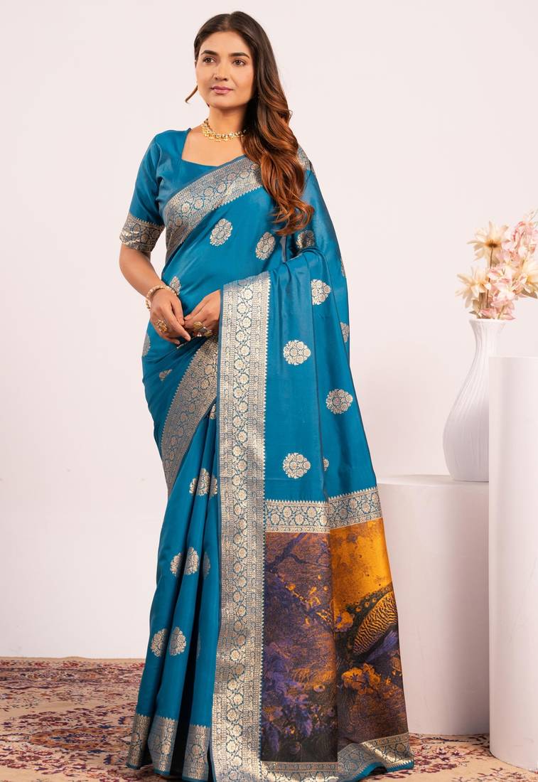 Blue extraordinary banarasi silk saree with resham weave peacock pallu & zari border