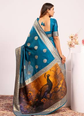 Blue extraordinary banarasi silk blend saree with resham weave peacock pallu & zari border 2